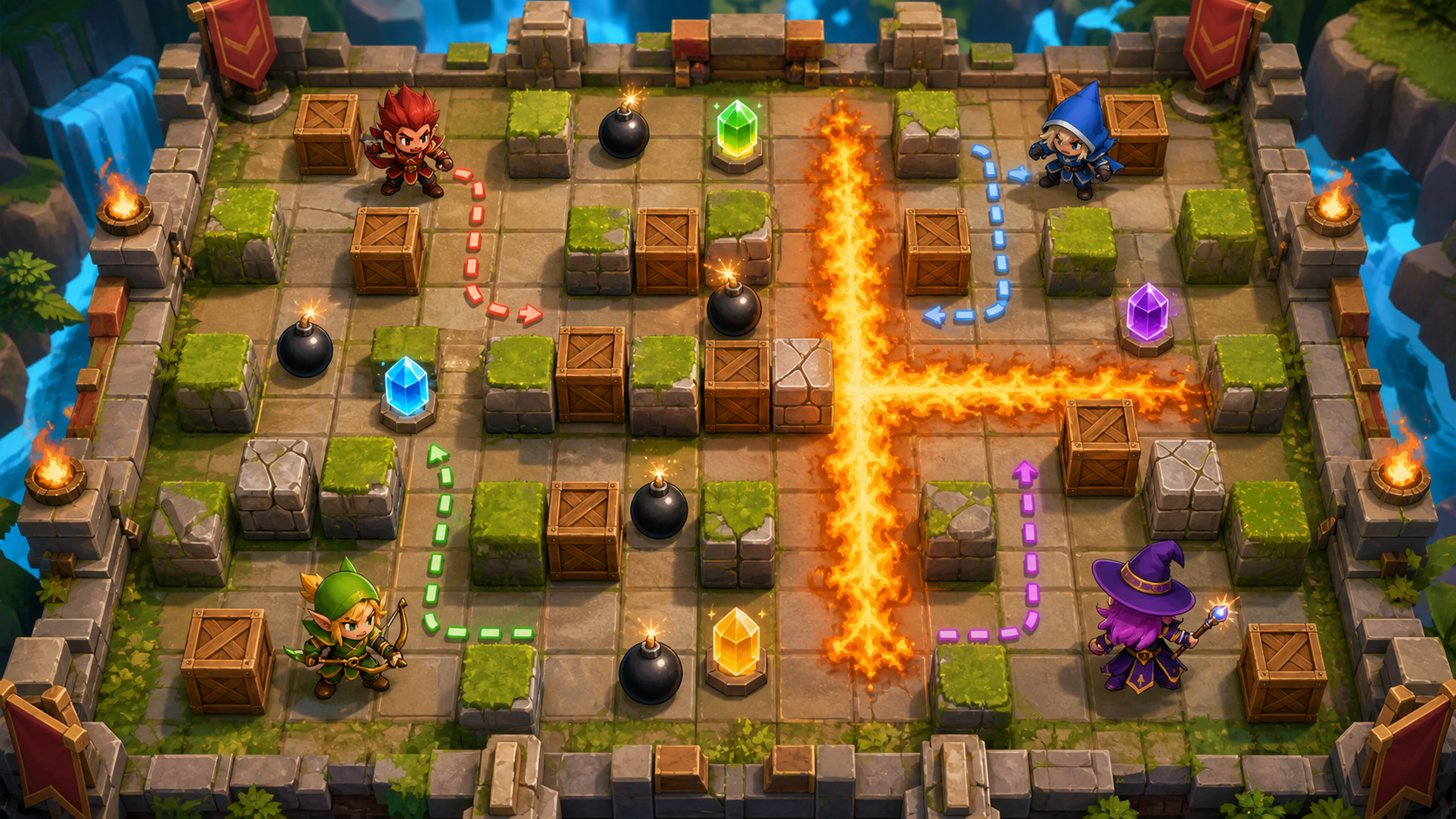 Arena ilustrada com personagens, bombas, crates, powerups e flames em linhas retas
